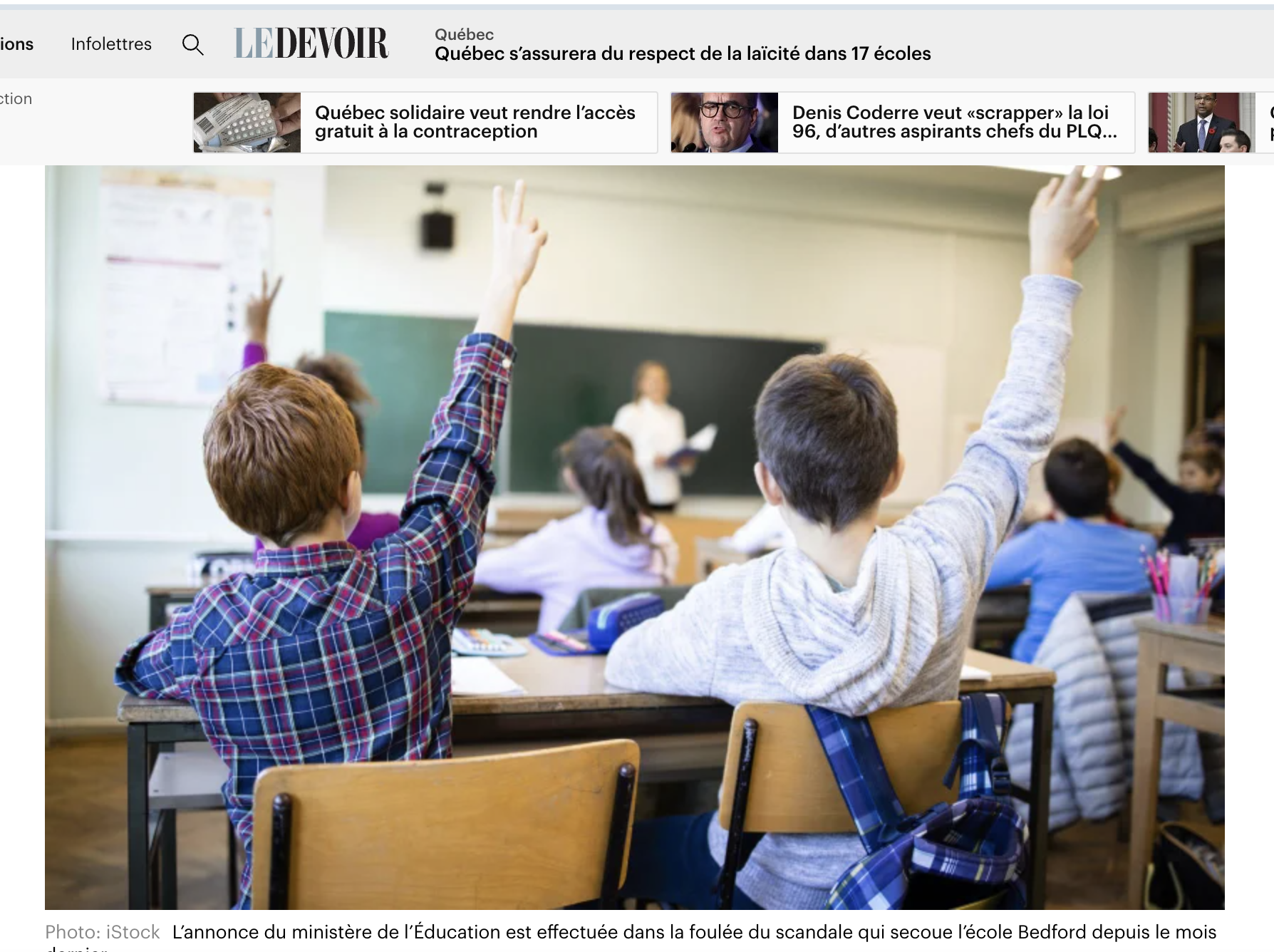 Dans Le Devoir : Enquête sur le respect de la laïcité dans 17 écoles