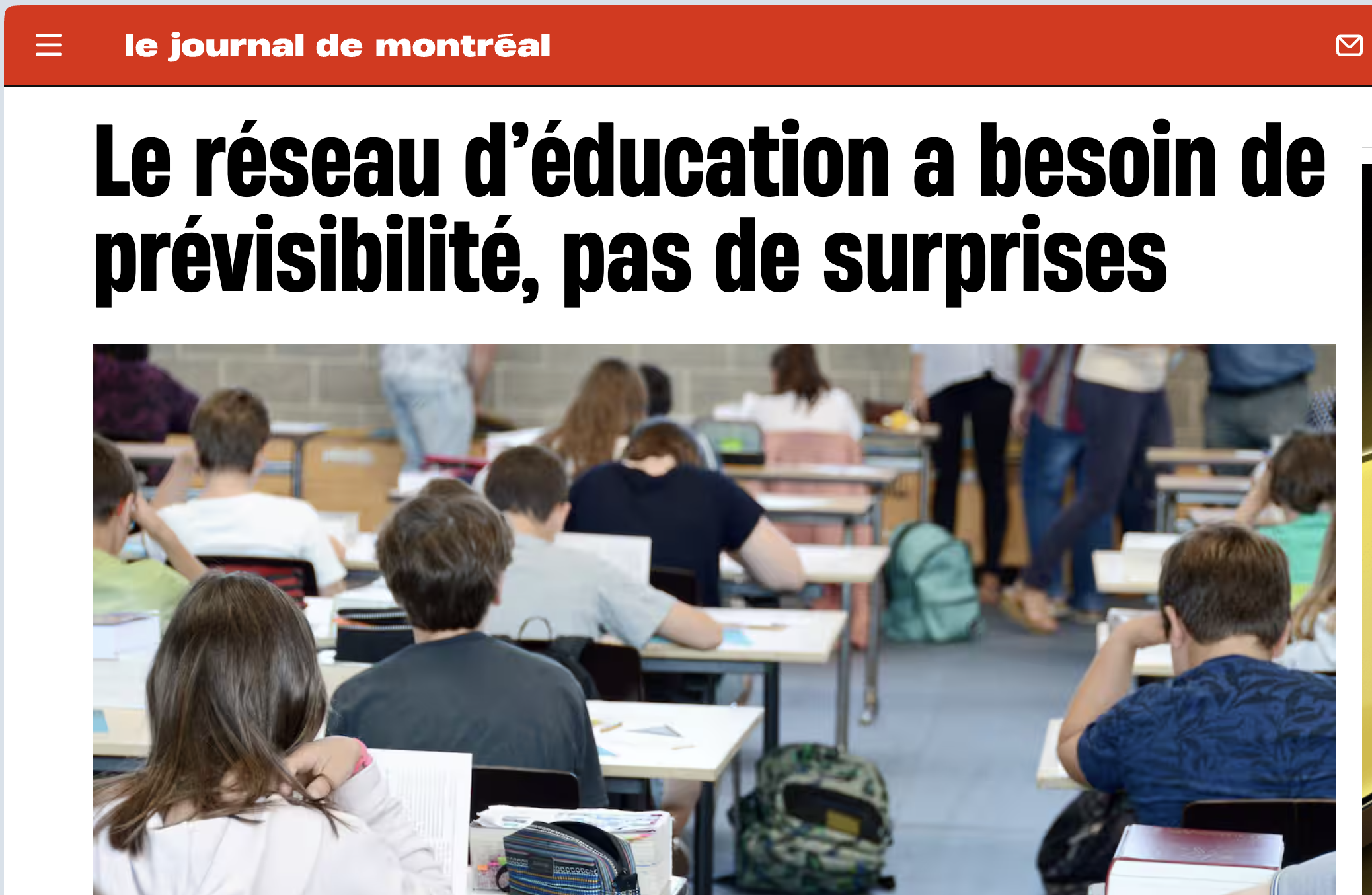 Lettre d'opinion de la Coalition des partenaires en éducation 