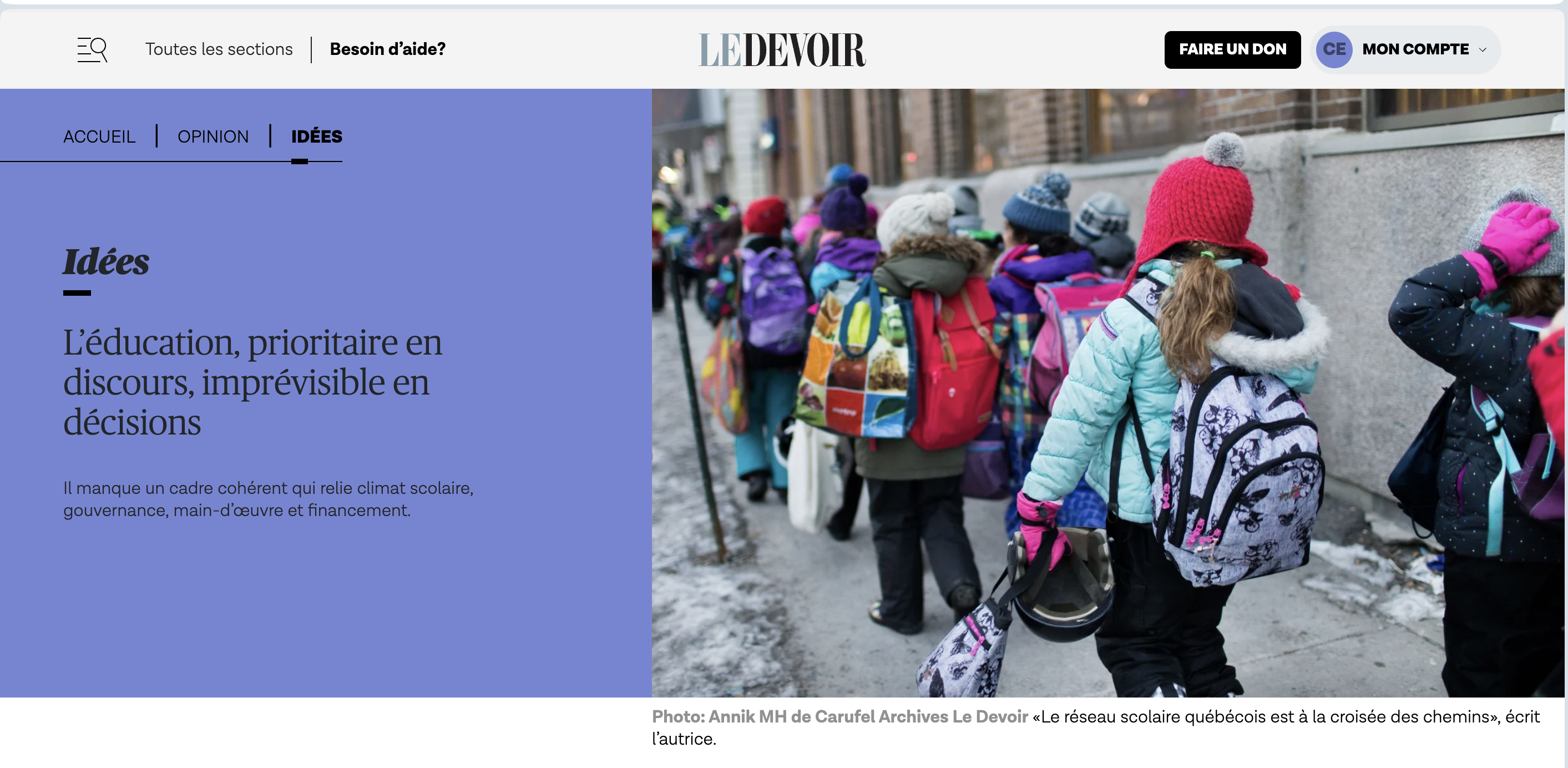 Lettre d'opinion dans Le Devoir