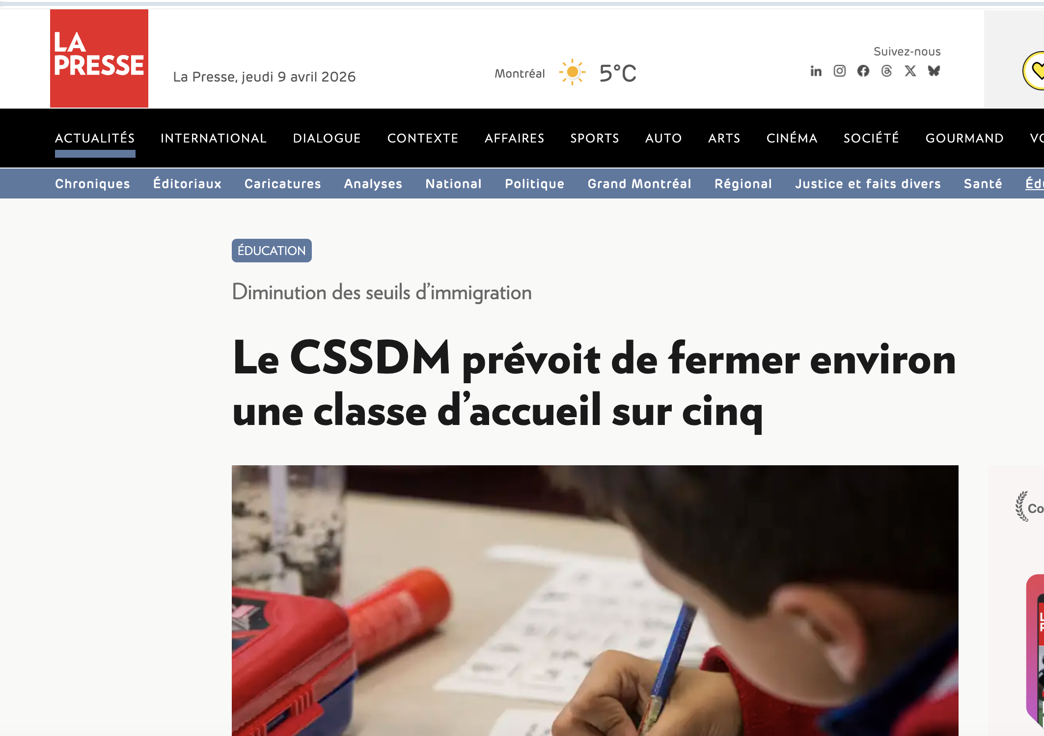 Diminution des seuils d'immigration : le CSSDM prévoit fermer une classe d'accueil sur 5