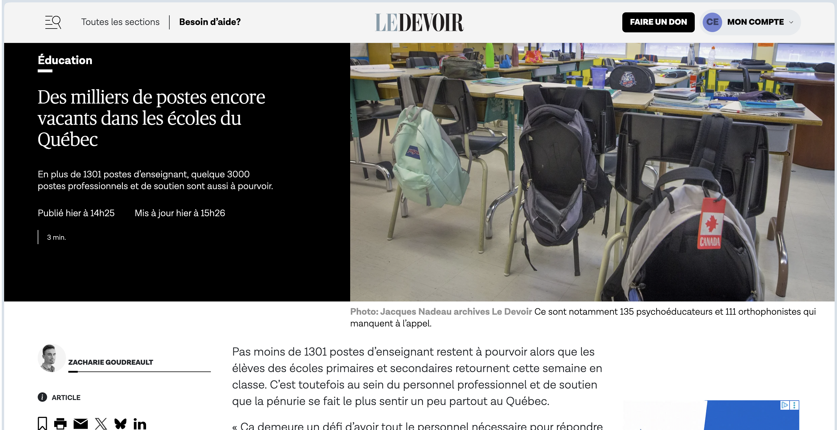 Plus de 1301 postes d’enseignant et quelque 3000 postes professionnels et de soutien sont à pourvoir.